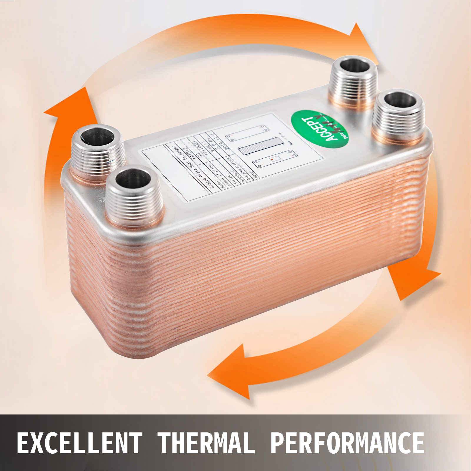 VEVOR heat exchanger offering excellent thermal performance with orange arrows.
