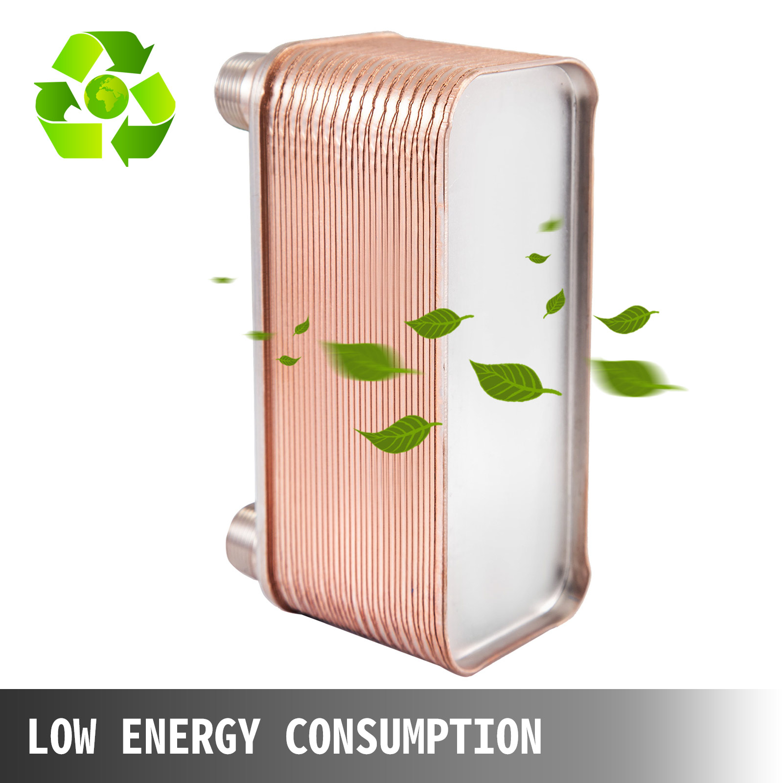 VEVOR heat exchanger with eco-friendly leaves and low energy consumption badge.