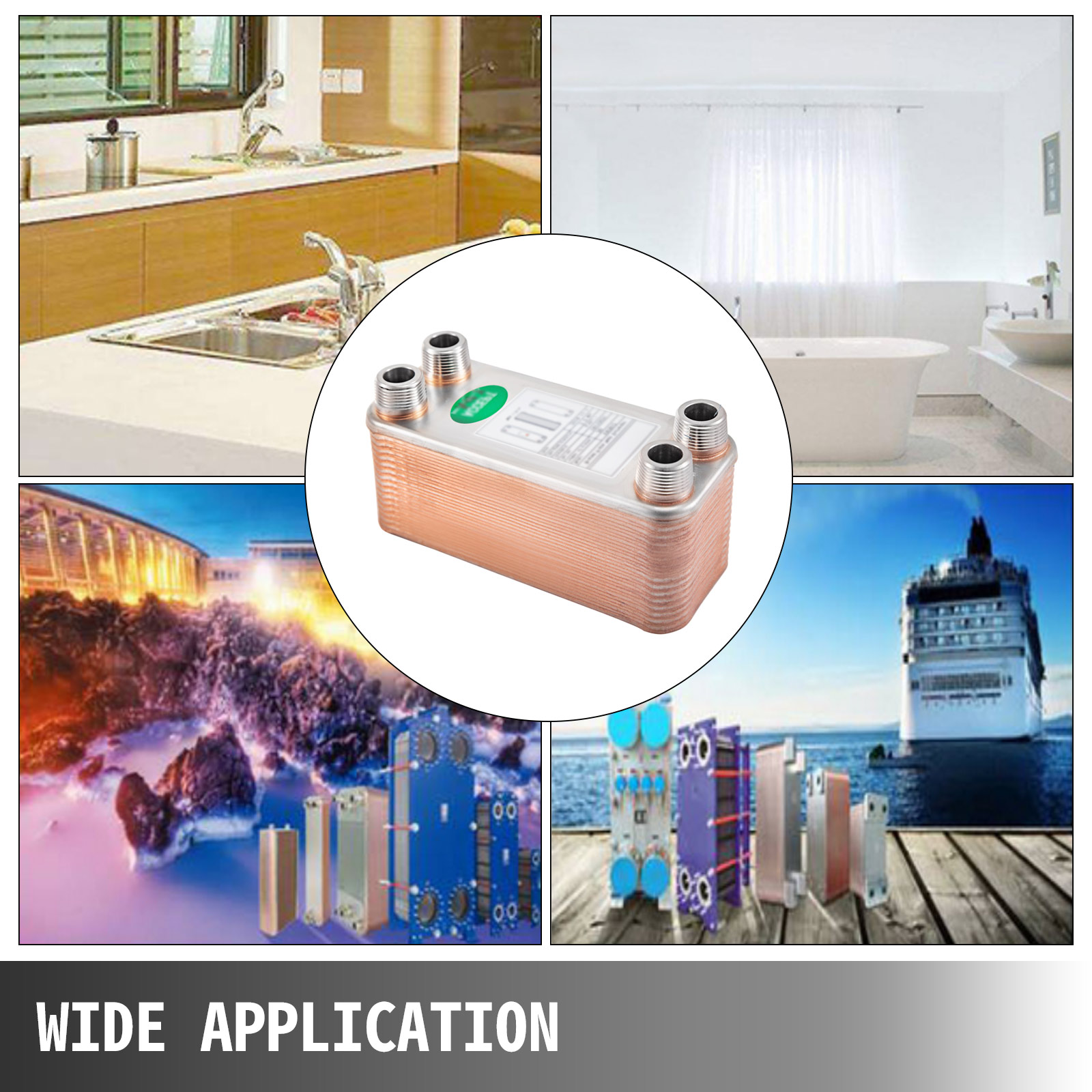 VEVOR heat exchanger with wide applications in kitchens, bathrooms, and industrial use.