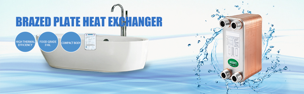 VEVOR heat exchanger next to a bathtub with water splashes, highlighting key features.