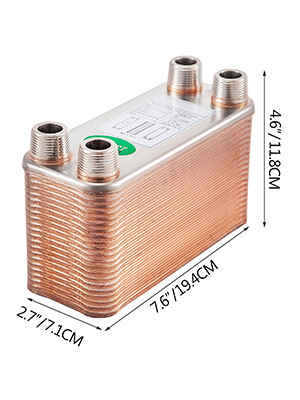 VEVOR heat exchanger with four ports and dimensions: 7.6"x2.7"x4.6".
