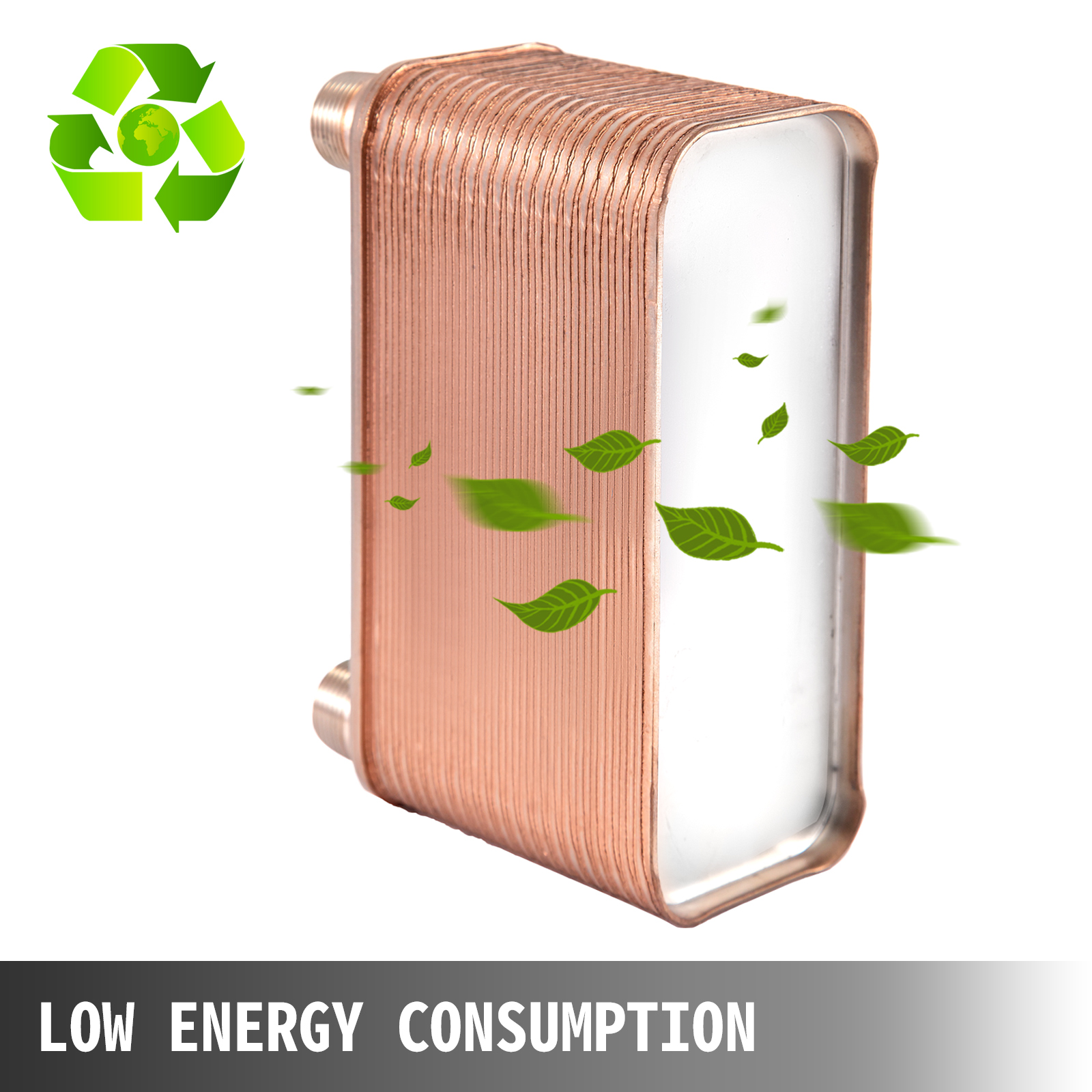 VEVOR heat exchanger with green leaves and recycling symbol, promoting low energy consumption.