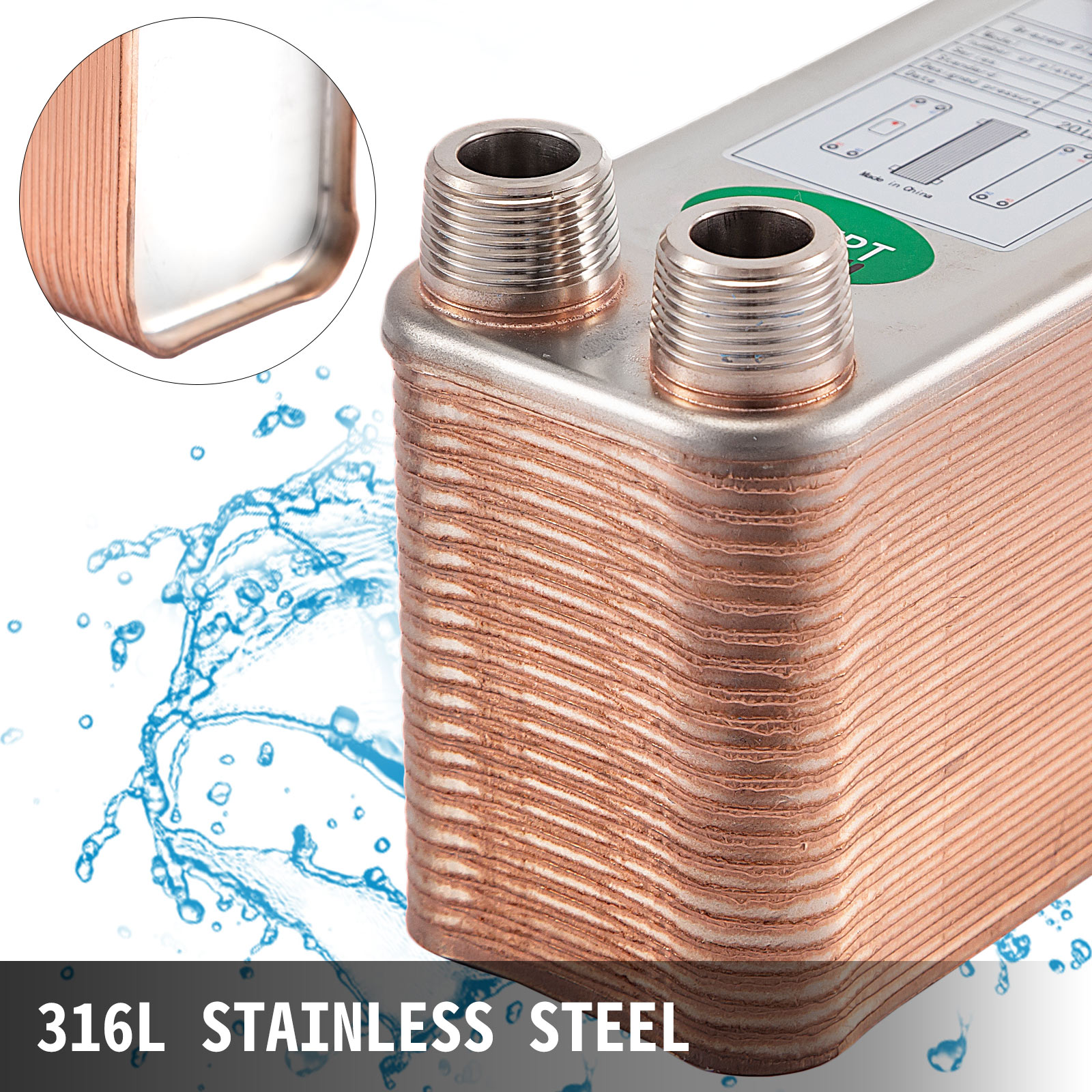 VEVOR heat exchanger with 316l stainless steel construction and water splash background.