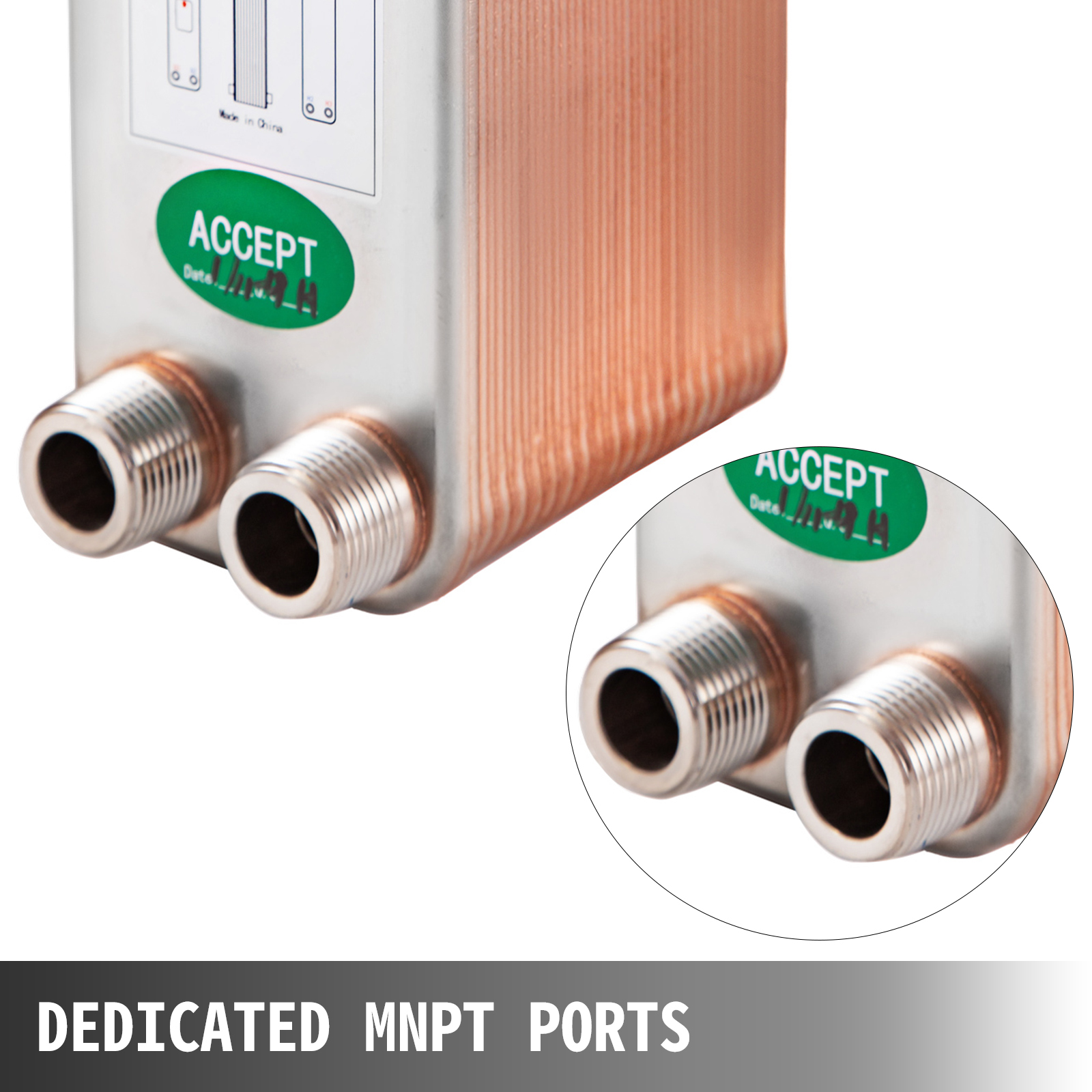 VEVOR heat exchanger with dedicated mnpt ports and copper connections.