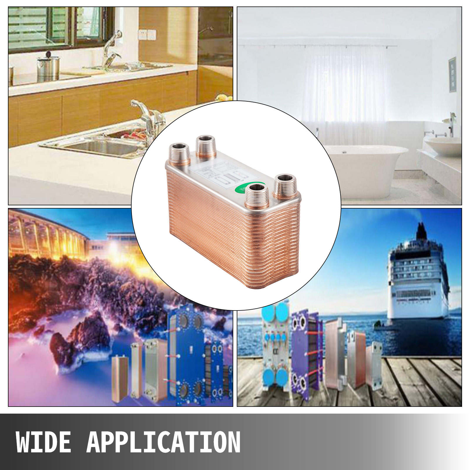 VEVOR heat exchanger for kitchen, bathroom, industrial use, and maritime application.