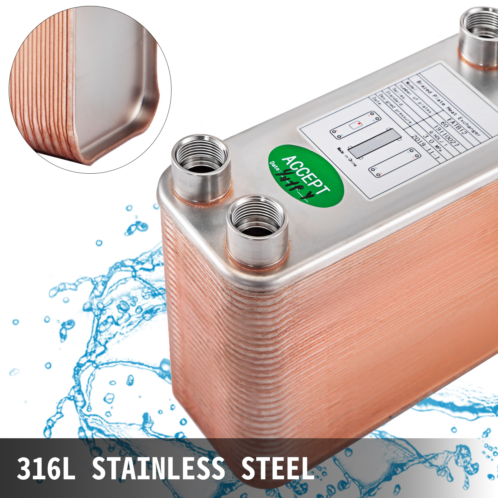 VEVOR heat exchanger, 316l stainless steel, flowing water background.