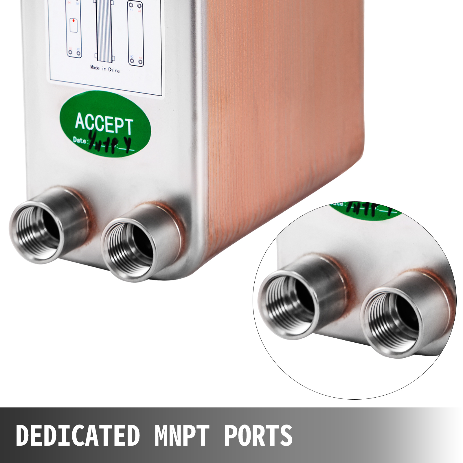 VEVOR heat exchanger with dedicated mnpt ports and stainless steel finish.