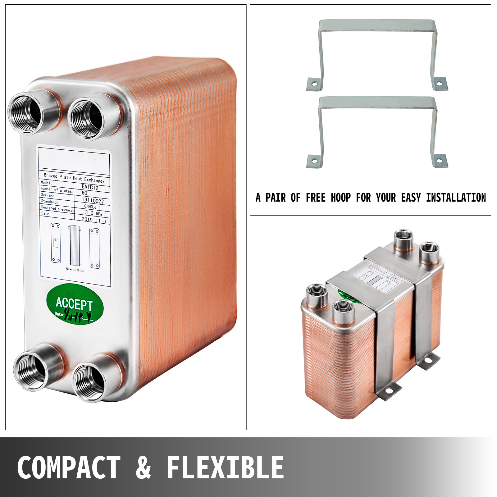 VEVOR heat exchanger with mounting brackets, showcasing compact and flexible design.