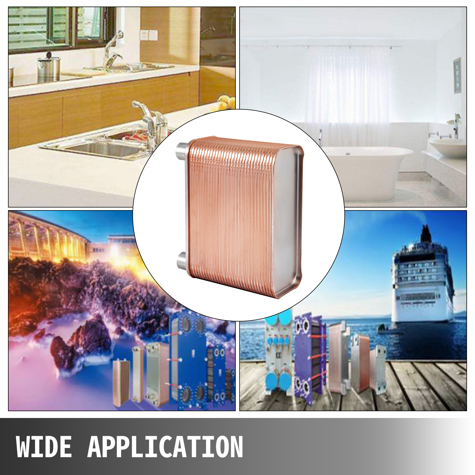 VEVOR heat exchanger with wide applications in kitchen, bathroom, and industrial settings.