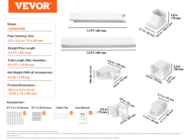 VEVOR mini split line set cover, dimensions, assembly components, screws, and accessories.