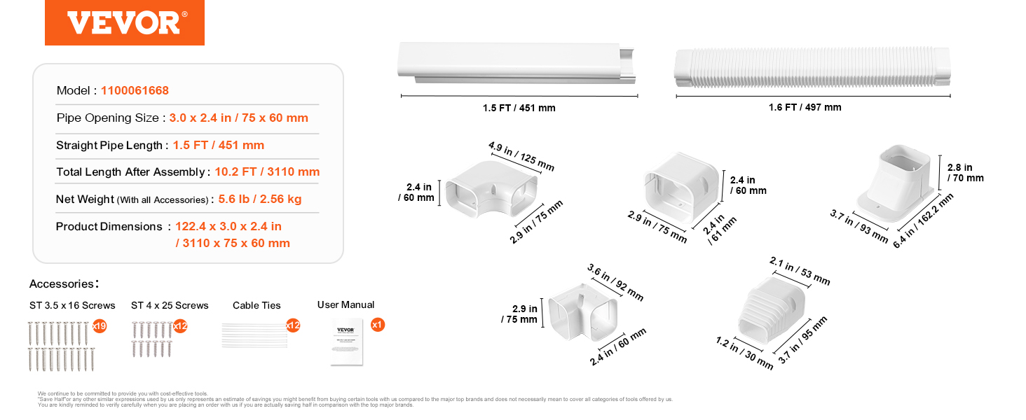 VEVOR mini split line set cover, dimensions, assembly components, screws, and accessories.