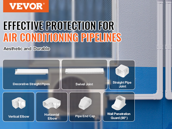 VEVOR mini split line set cover for air conditioning pipelines, showcasing various pipe connectors.