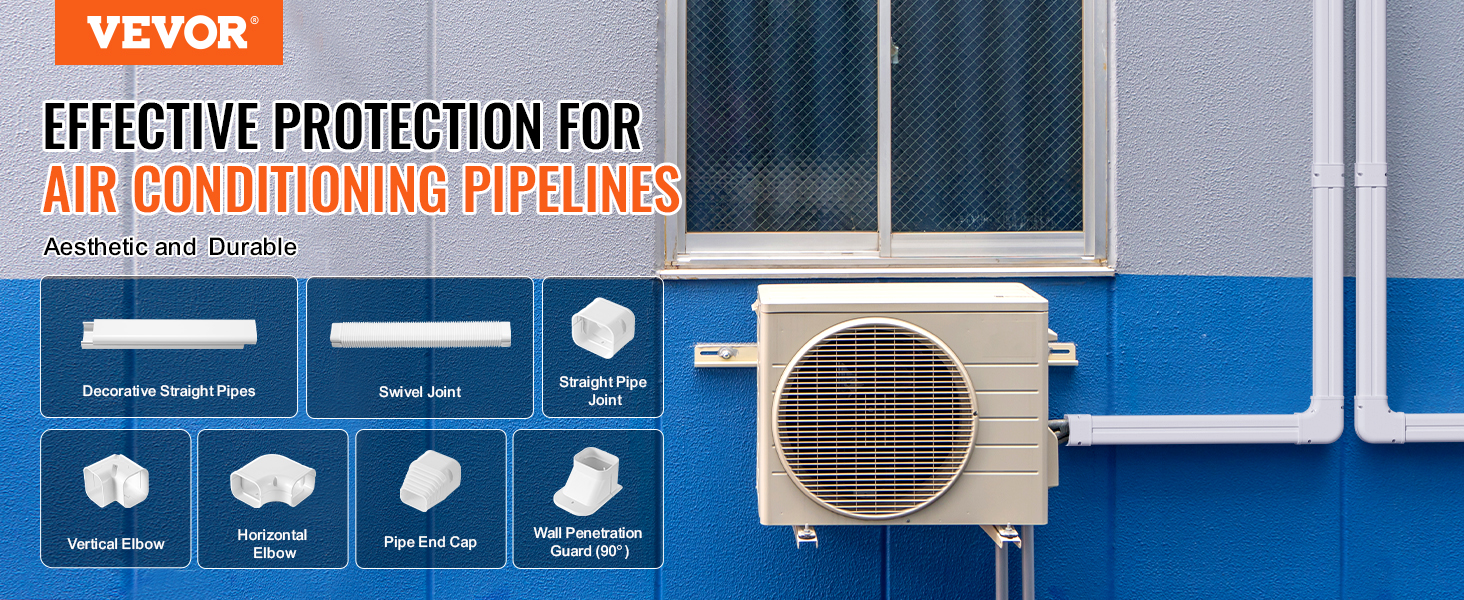 VEVOR mini split line set cover for air conditioning pipelines, showcasing various pipe connectors.