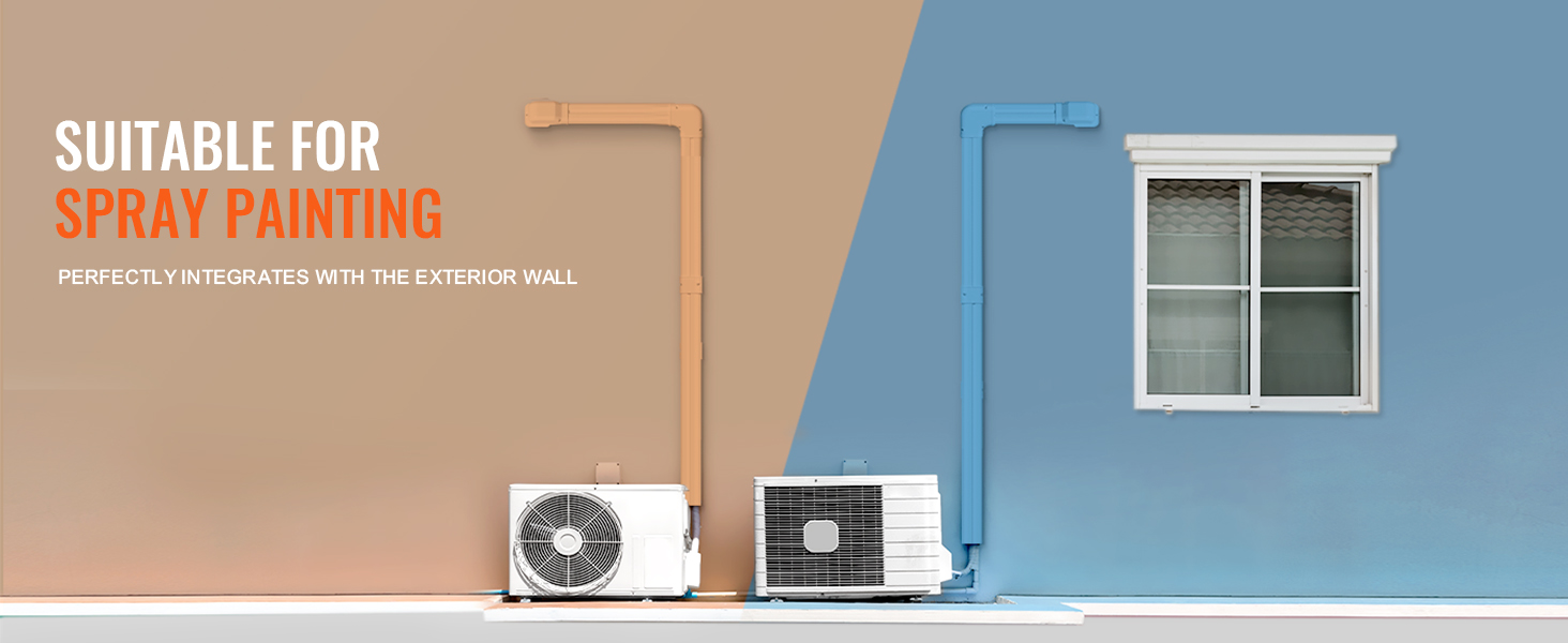 VEVOR mini split line set cover, spray painted to match tan and blue walls, blending seamlessly.