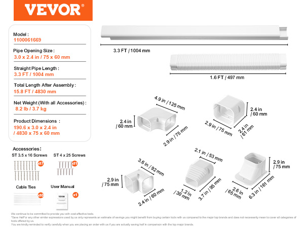 model 1100061669 VEVOR mini split line set cover, dimensions, pipe sizes, and accessories included.