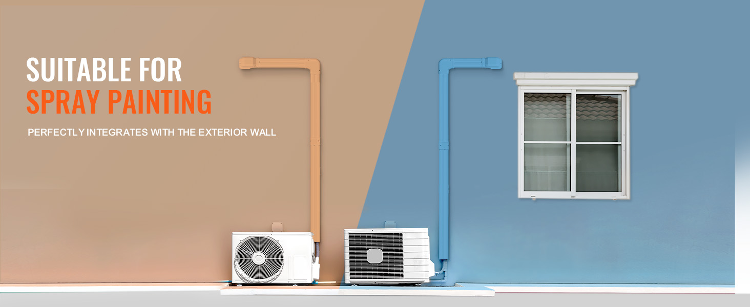 VEVOR mini split line set cover showcasing spray-painted ac units on a beige and blue exterior wall.