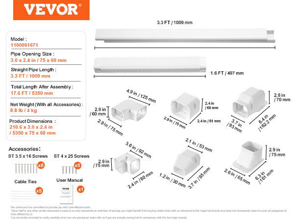 VEVOR mini split line set cover: detailed dimensions, accessories, and fittings for easy installation.