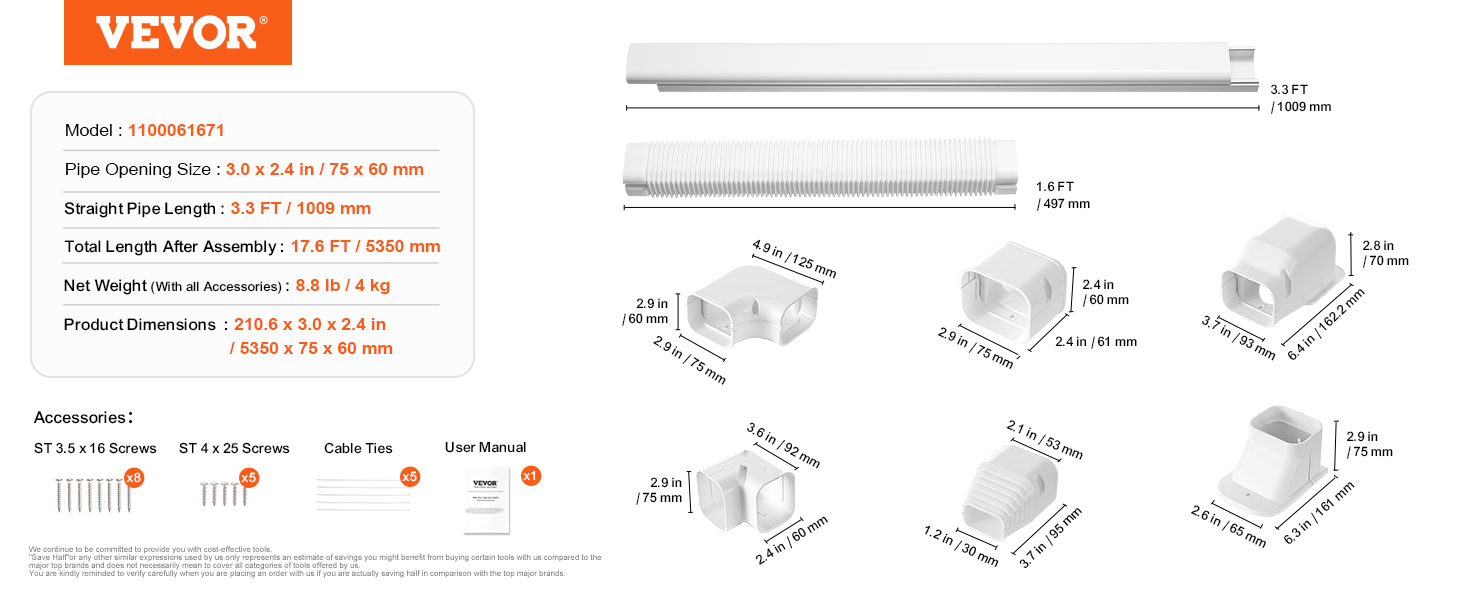 VEVOR mini split line set cover: detailed dimensions, accessories, and fittings for easy installation.
