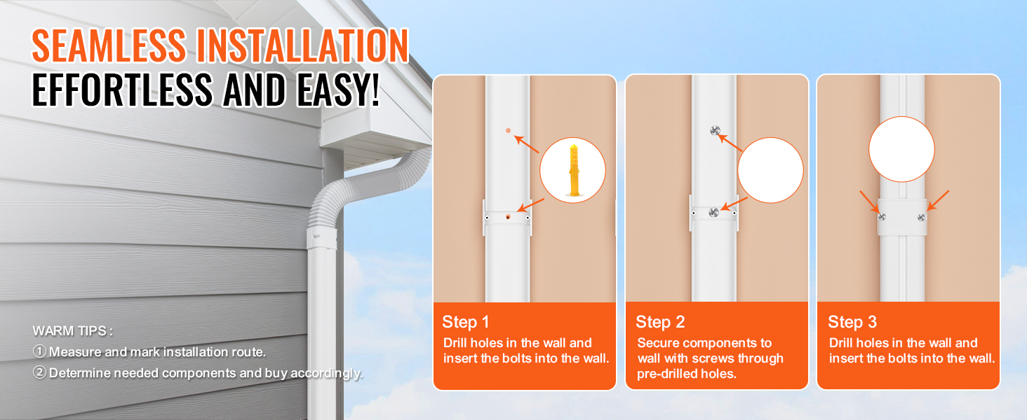 seamless installation of VEVOR mini split line set cover on exterior house wall with 3-step guide.