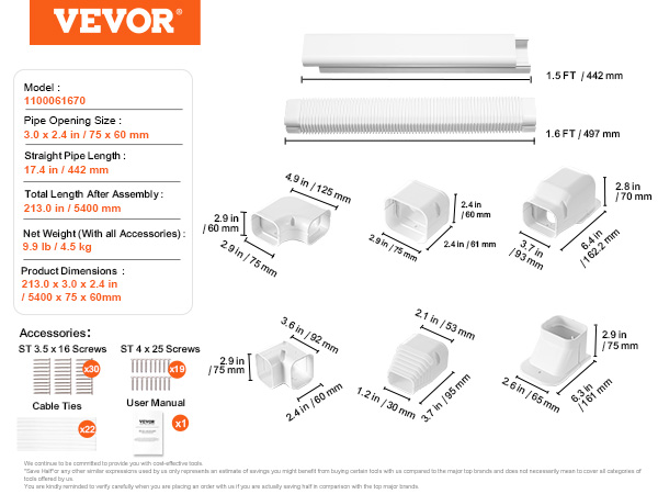 VEVOR mini split line set cover components and dimensions with pipe, screws, cable ties, and user manual.