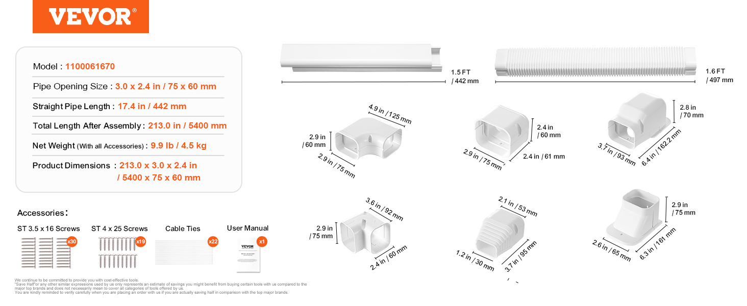 VEVOR mini split line set cover components and dimensions with pipe, screws, cable ties, and user manual.