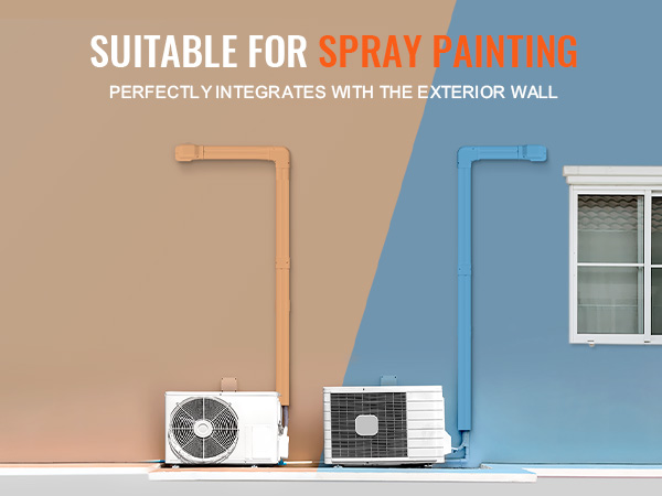 VEVOR mini split line set cover integrates with wall, showcasing spray-painted covers in beige and blue.