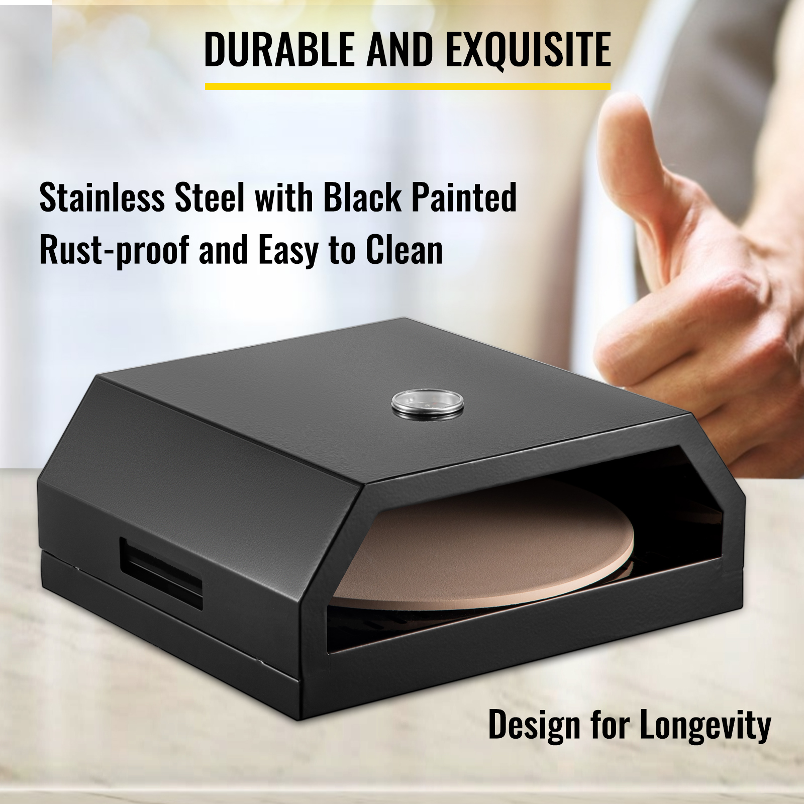 VEVOR pizza oven kit, stainless steel, black painted, rust-proof, thumb up in background.