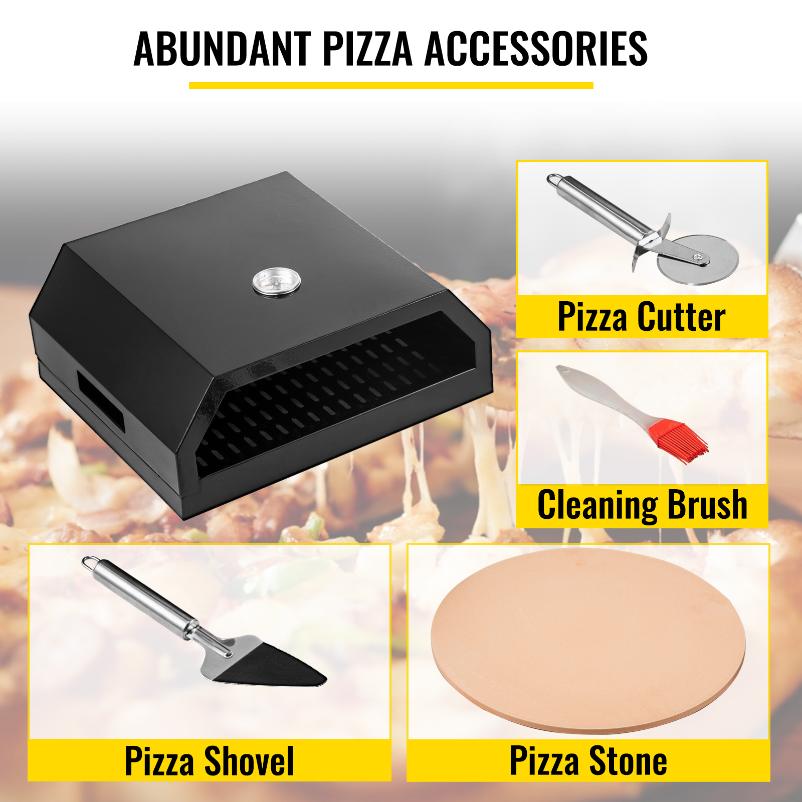 VEVOR pizza oven kit with accessories: pizza cutter, shovel, stone, and cleaning brush.