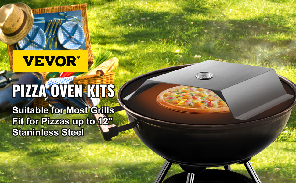 VEVOR pizza oven kit on a grill with a picnic setup in the background.