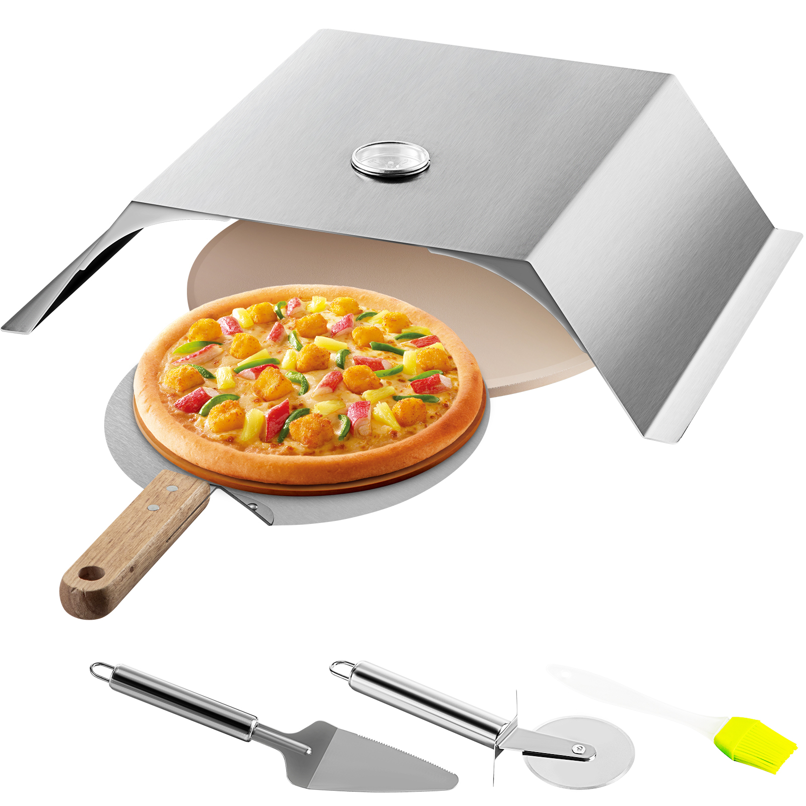 VEVOR pizza oven kit with stone, pizza, peel, cutter, and server.