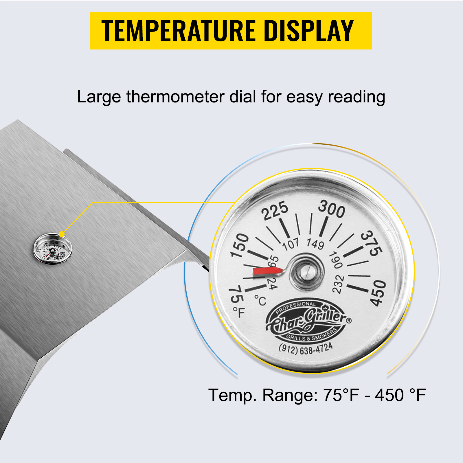 large thermometer dial on VEVOR pizza oven kit displays temperature range 75°f - 450°f.