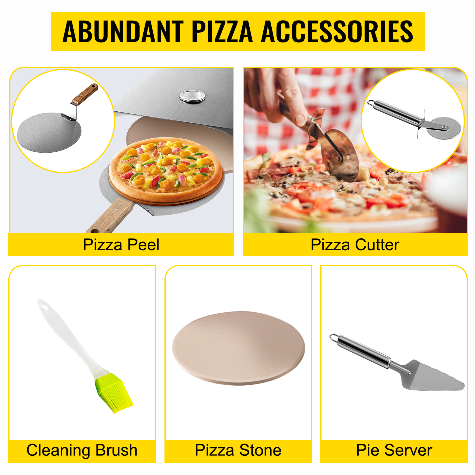 VEVOR pizza oven kit with pizza peel, cutter, cleaning brush, pizza stone, and server.