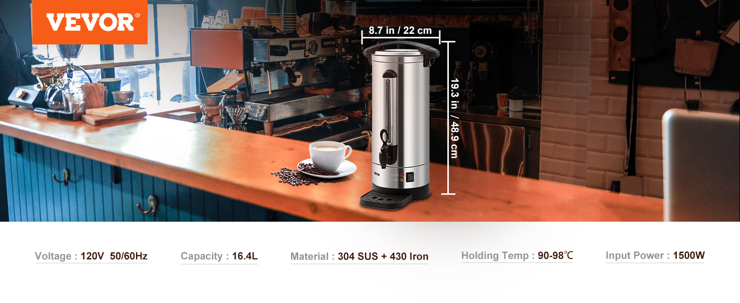 VEVOR coffee urn on a wooden counter in a rustic café setup with a cup of coffee and coffee beans.