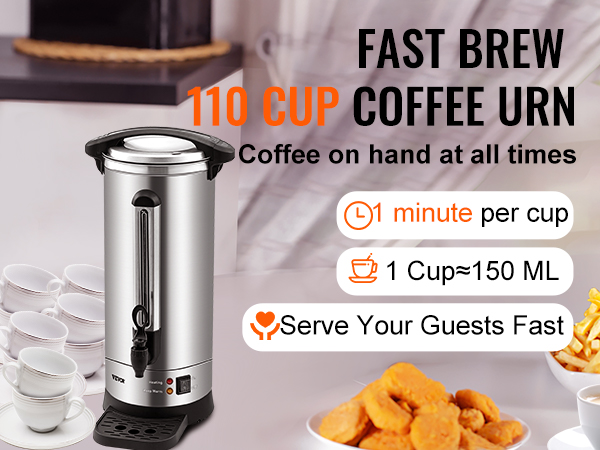 VEVOR coffee urn 110 cup capacity, fast brew, keeps coffee warm, ideal for serving guests quickly.