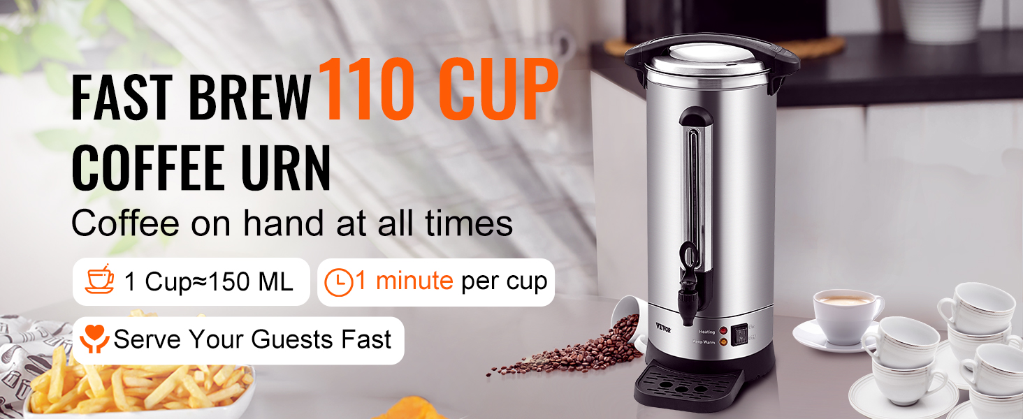VEVOR coffee urn 110 cup capacity, fast brew, keeps coffee warm, ideal for serving guests quickly.