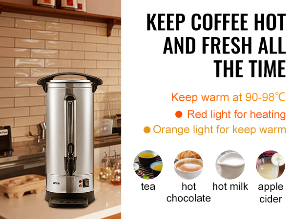 VEVOR coffee urn in a kitchen, with text promoting keeping beverages warm at 90-98°c, suitable for tea, hot chocolate, milk, and cider.