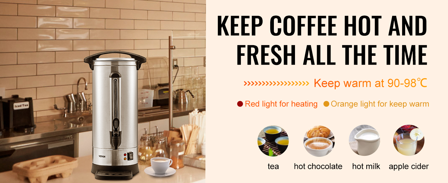 VEVOR coffee urn in a kitchen, with text promoting keeping beverages warm at 90-98°c, suitable for tea, hot chocolate, milk, and cider.