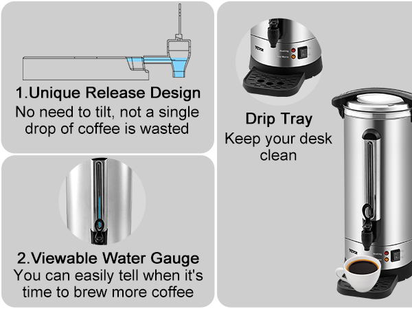 VEVOR coffee urn with unique release design, viewable water gauge, and drip tray for a clean desk.