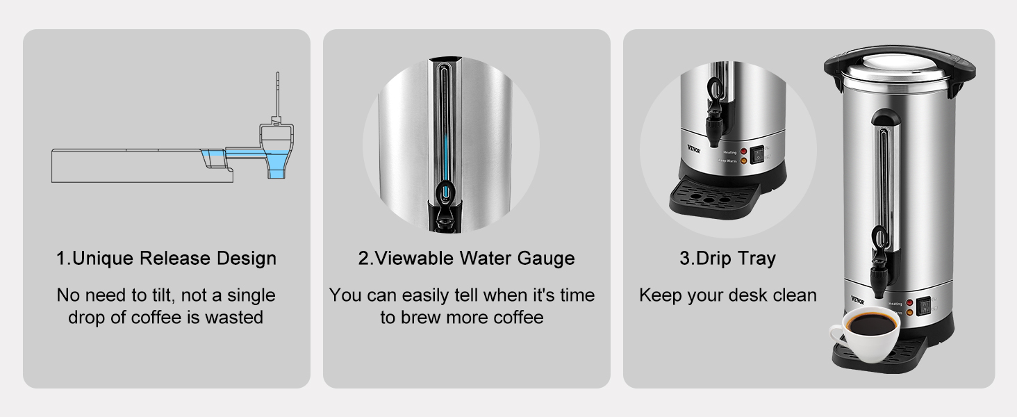 VEVOR coffee urn with unique release design, viewable water gauge, and drip tray for a clean desk.