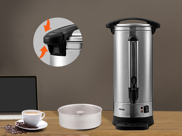 VEVOR coffee urn on outdoor table with coffee cup and spilled beans.