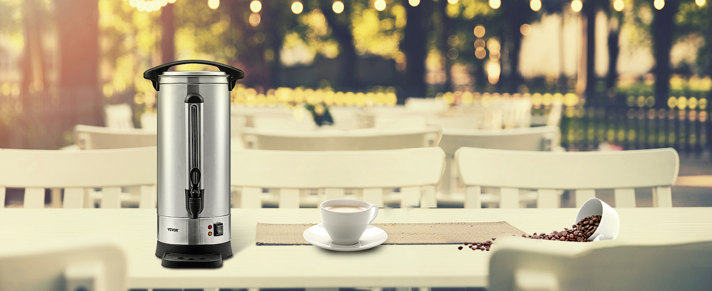 VEVOR coffee urn on outdoor table with coffee cup and spilled beans.