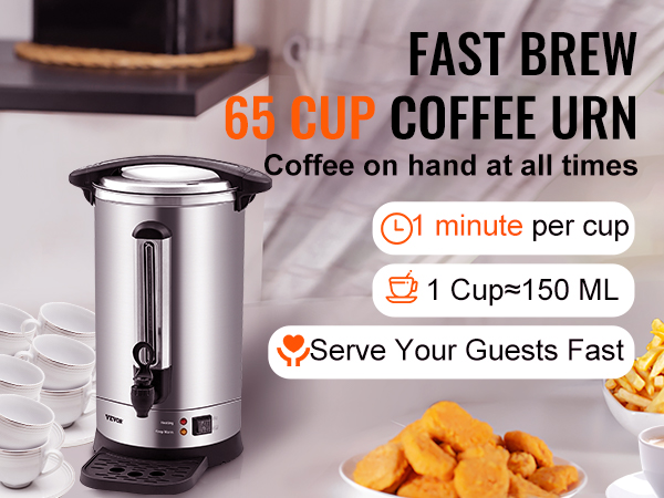 VEVOR coffee urn with fast brew feature, serves 65 cups, ideal for quick and efficient coffee service.