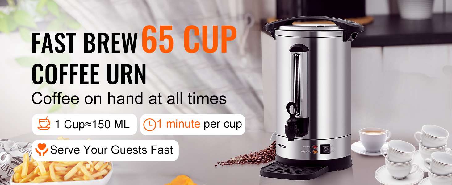 VEVOR coffee urn with fast brew feature, serves 65 cups, ideal for quick and efficient coffee service.