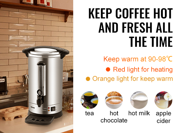 VEVOR coffee urn on a counter with a warming function for coffee, tea, hot chocolate, milk, and apple cider.