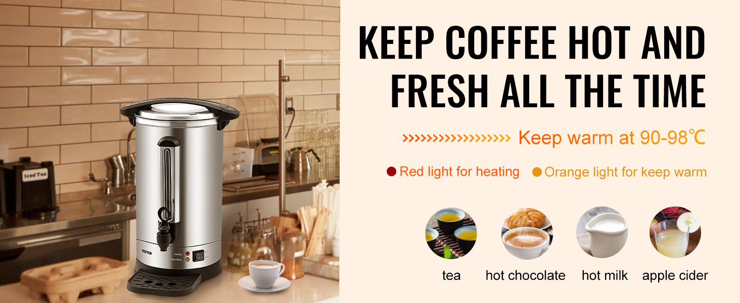 VEVOR coffee urn on a counter with a warming function for coffee, tea, hot chocolate, milk, and apple cider.