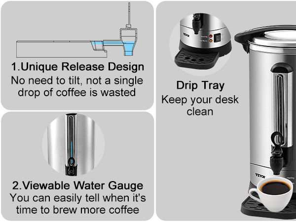 VEVOR coffee urn with unique release design, viewable water gauge, and drip tray for clean brewing.
