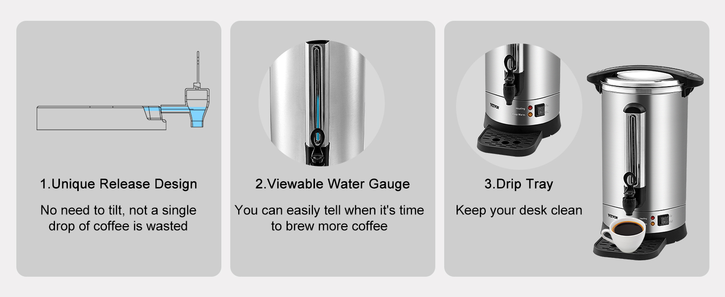 VEVOR coffee urn with unique release design, viewable water gauge, and drip tray for clean brewing.