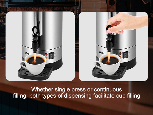 VEVOR coffee urn dispensing coffee into cups with single press and continuous filling options in a café.