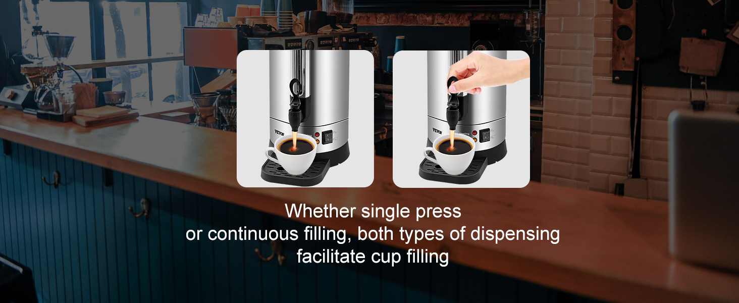 VEVOR coffee urn dispensing coffee into cups with single press and continuous filling options in a café.