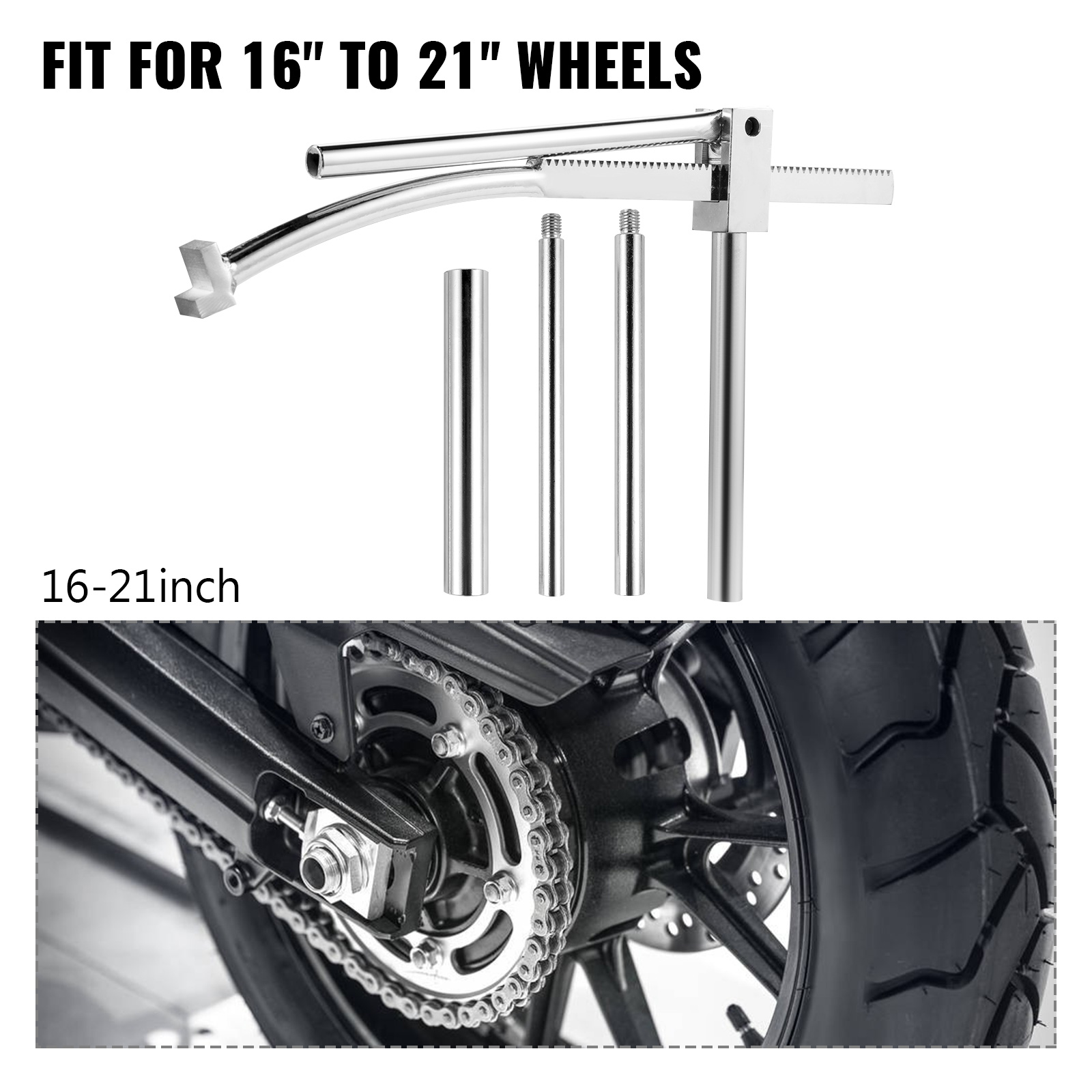 VEVOR dirt bike tire mounting tool for 16"-21" wheels, with tire and chain details.
